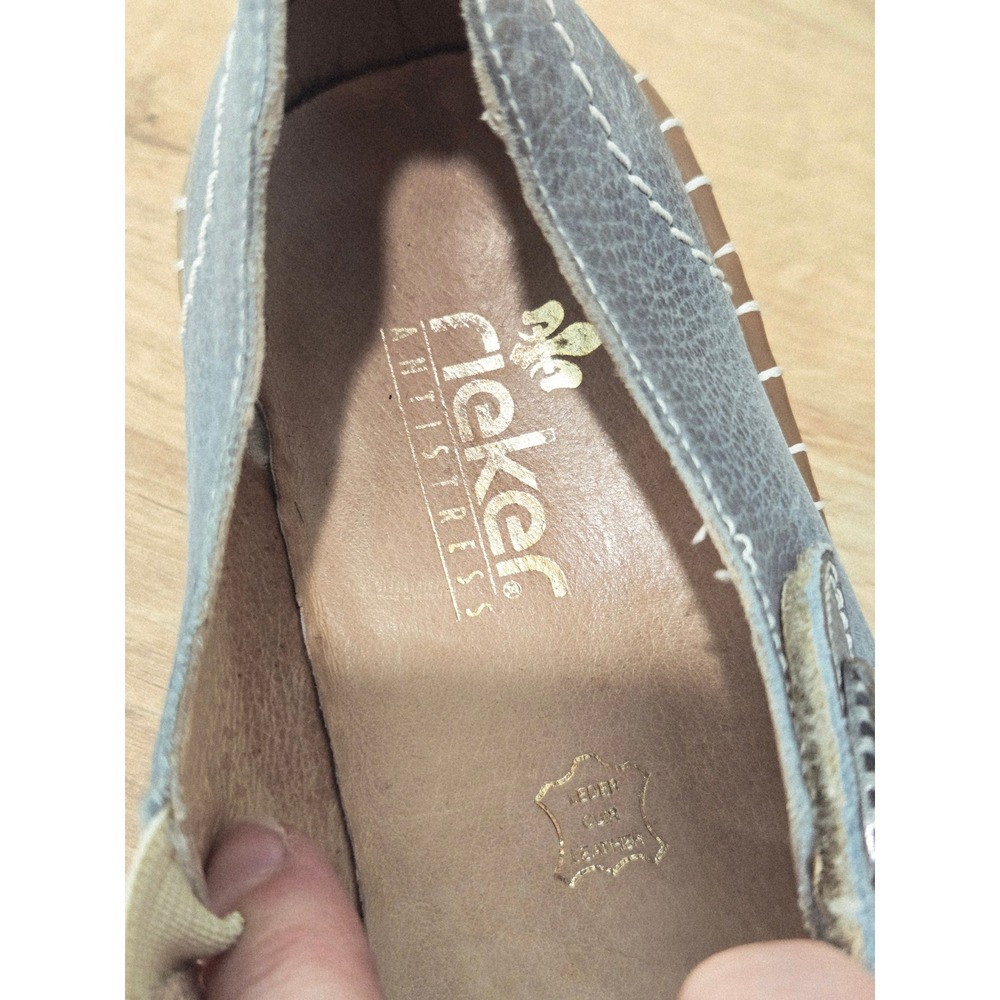 Rieker Antistress Mary Jane Flats 38/7-7.5 Blue Grey Leather Laser Cutout Shoes - Picture 5 of 9